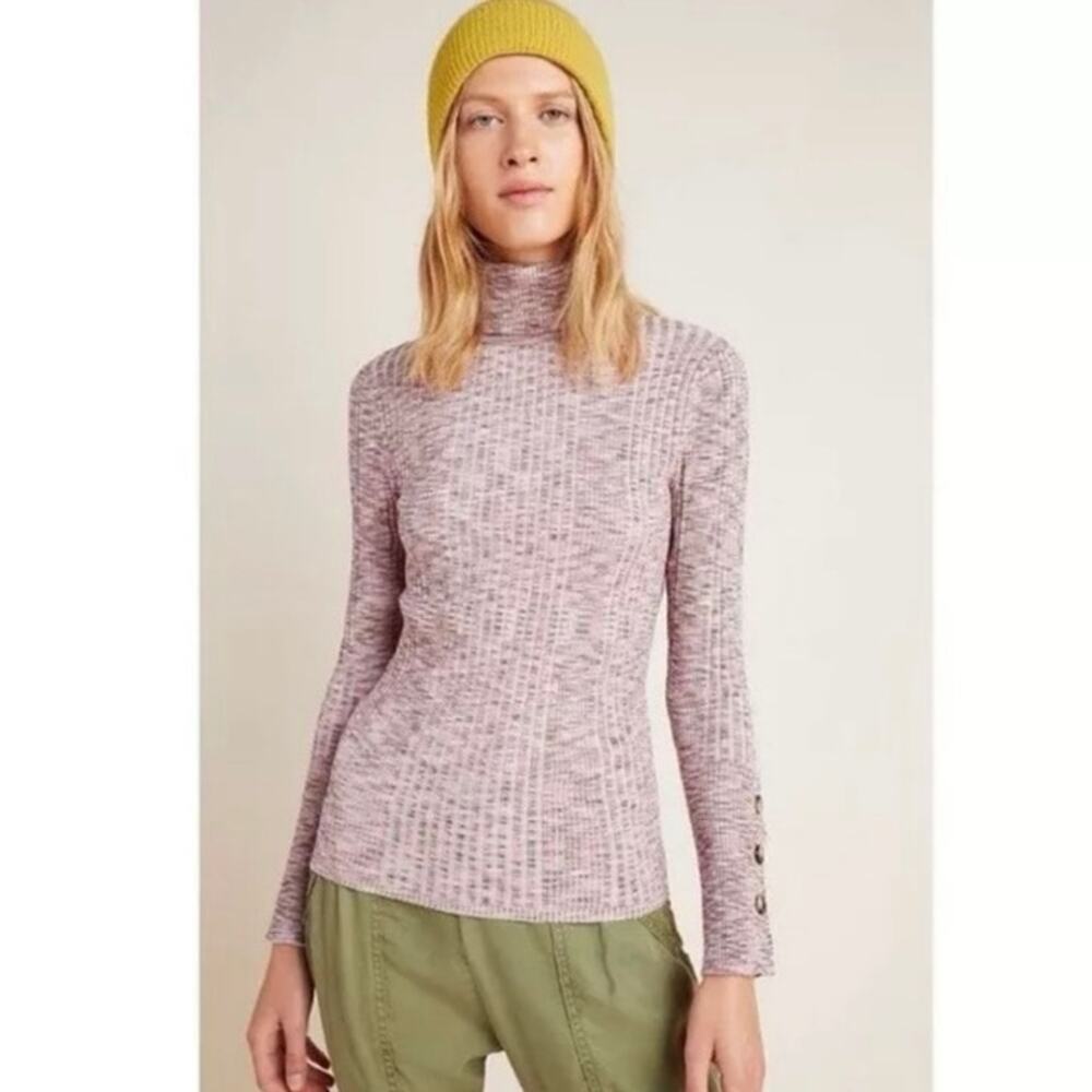 Anthropologie Button Sleeve Turtleneck Space Dye Ribbed Sweater Sz S